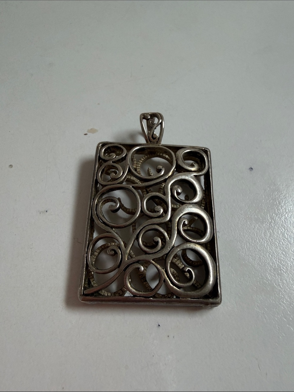 Source Unknown Silver Filigree Scrollwork Rectangular Pendant